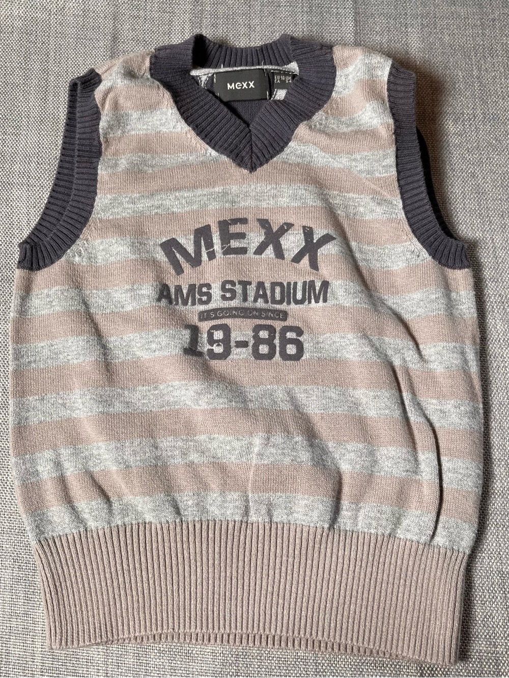 Mexx Striped V-Neck Sweater Vest Size 3/4 Taupe and Grey